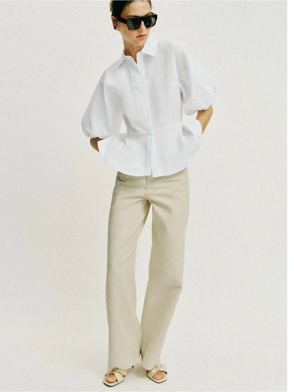 Zara White peplum shirt with Puff Sleeve